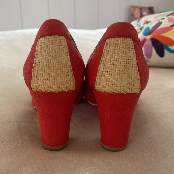 tomato red leather french sailor style comfy block heel size 10 - Picture 5 of 6